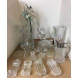 Seventeen pieces of glassware including jug with silver plated handle and lid 20cm high,
