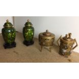 Four items - two pottery incense burners - round three legged 13cm high and round two-handled 13cm