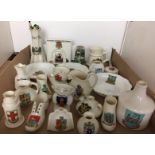 Contents to lid - twenty-two pieces of crested china by Wilton, Pearl Arms, WH Goss, Warwick, etc.