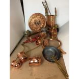 Ten plus items of mainly copper ware including three horns, reproduction rapier,