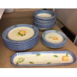 Twenty two pieces of fruit decorated blue and white plates and dishes - dishwasher and microwave