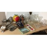 Twenty-seven items of mainly glass and metal ware including two ice buckets - plastic apple and