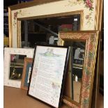 Five items including three mirrors - gilt and cream floral pattern mirror 93cm x 74cm,