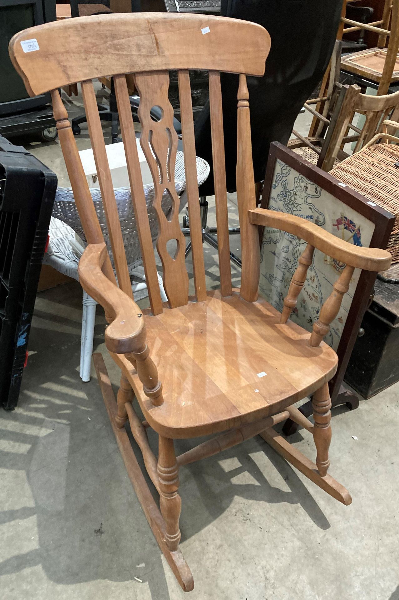 A pine high back rocking chair and three bedroom chairs (4)