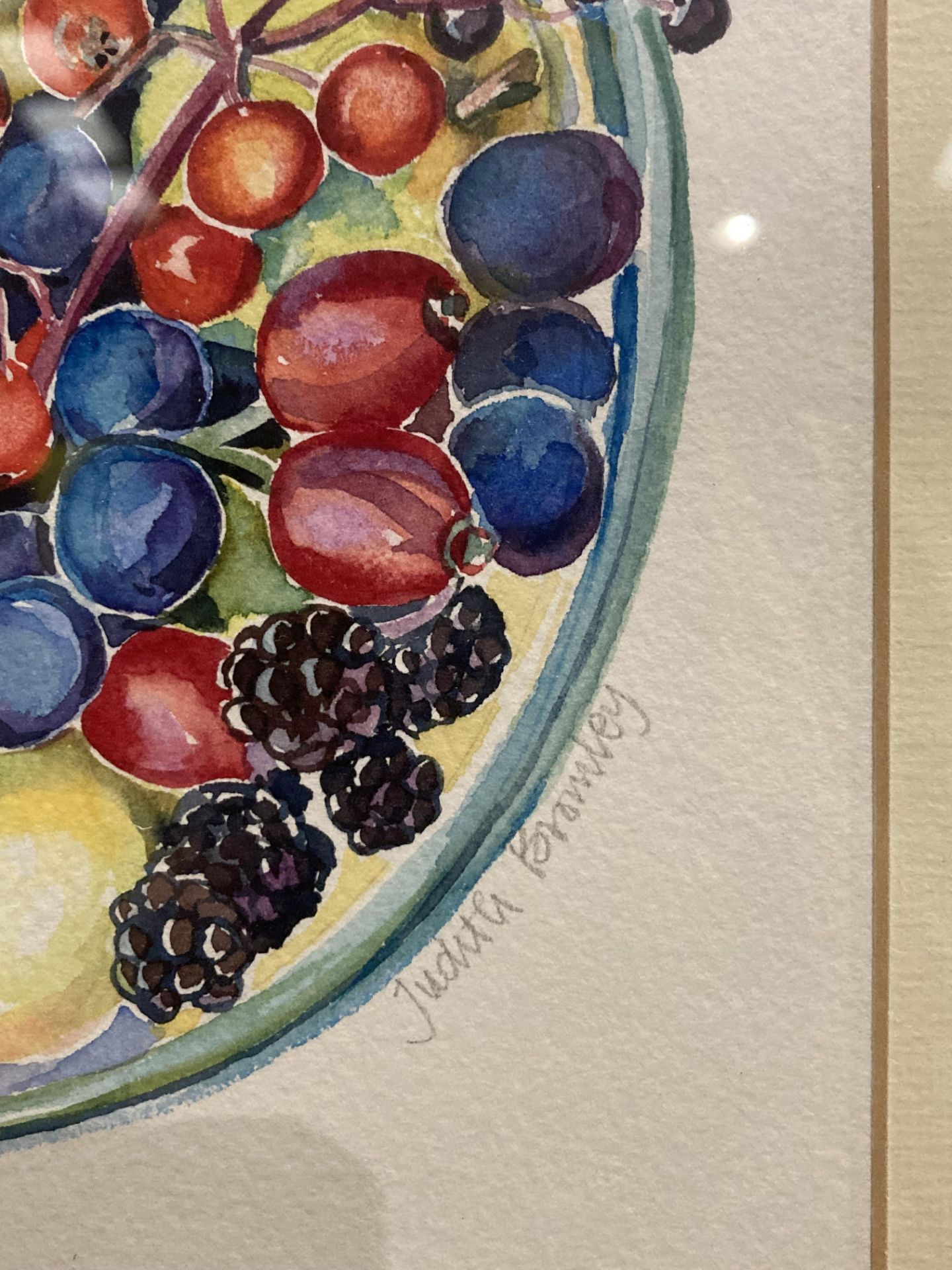 Judith Bromley two small framed watercolours 'Bowl of Wild Fruits' and 'Wild Harvest' - both signed - Image 5 of 5