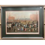 Helen Bradley framed print 'Hollinwood Market' 48cm x 70cm signed in pencil with AKA stamp to