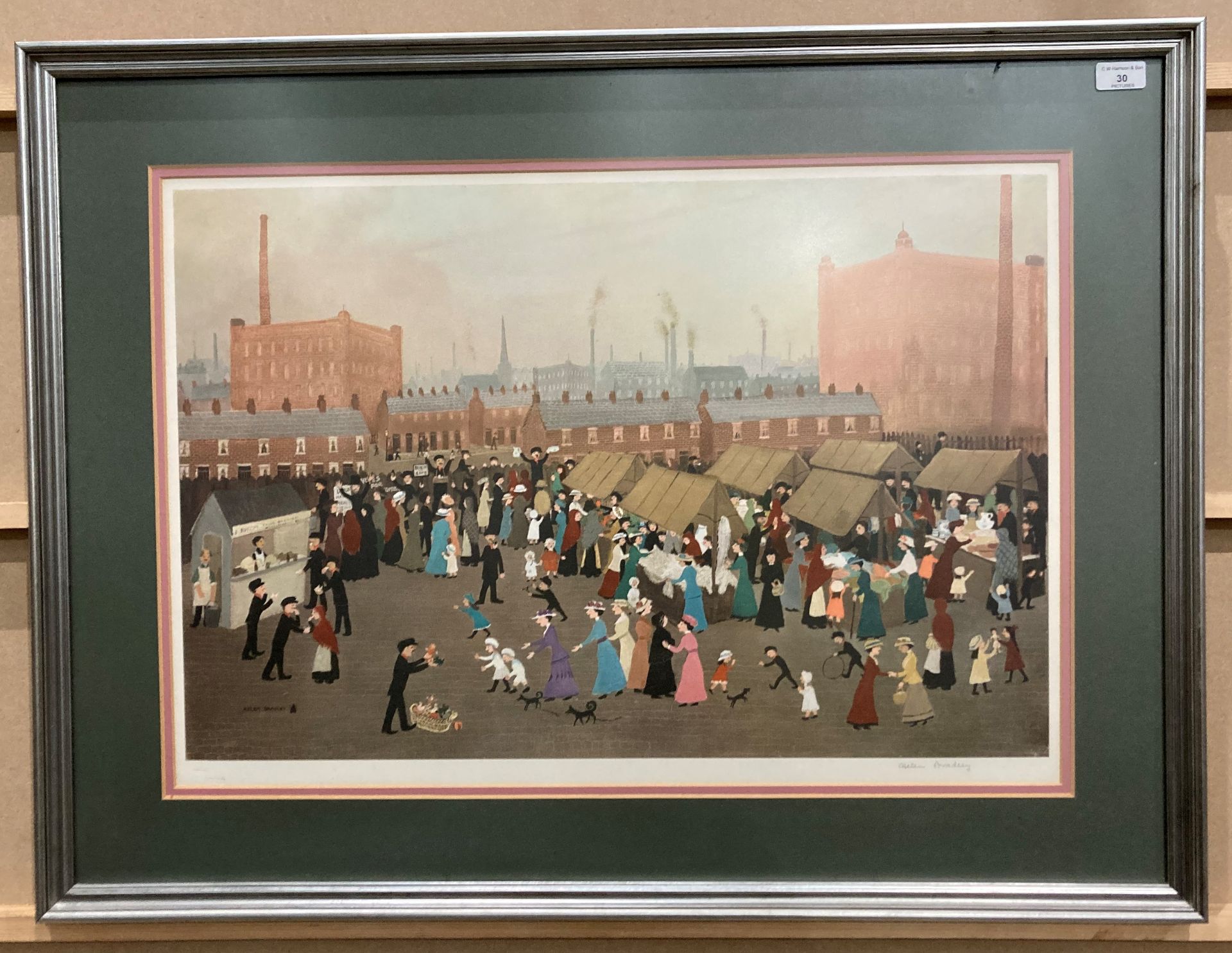 Helen Bradley framed print 'Hollinwood Market' 48cm x 70cm signed in pencil with AKA stamp to