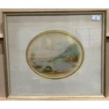 An oval watercolour in square gilt frame 'Lake and Mountains Landscape' 25cm x 28cm indistinctly