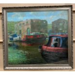 Martin Dutton '83' framed oil on board 'Barges on a Canal Basin' 59cm x 68cm signed to bottom right
