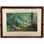 Framed pastel 'Stream in Woodland with Kingfisher in Foreground' 42cm x 70cm