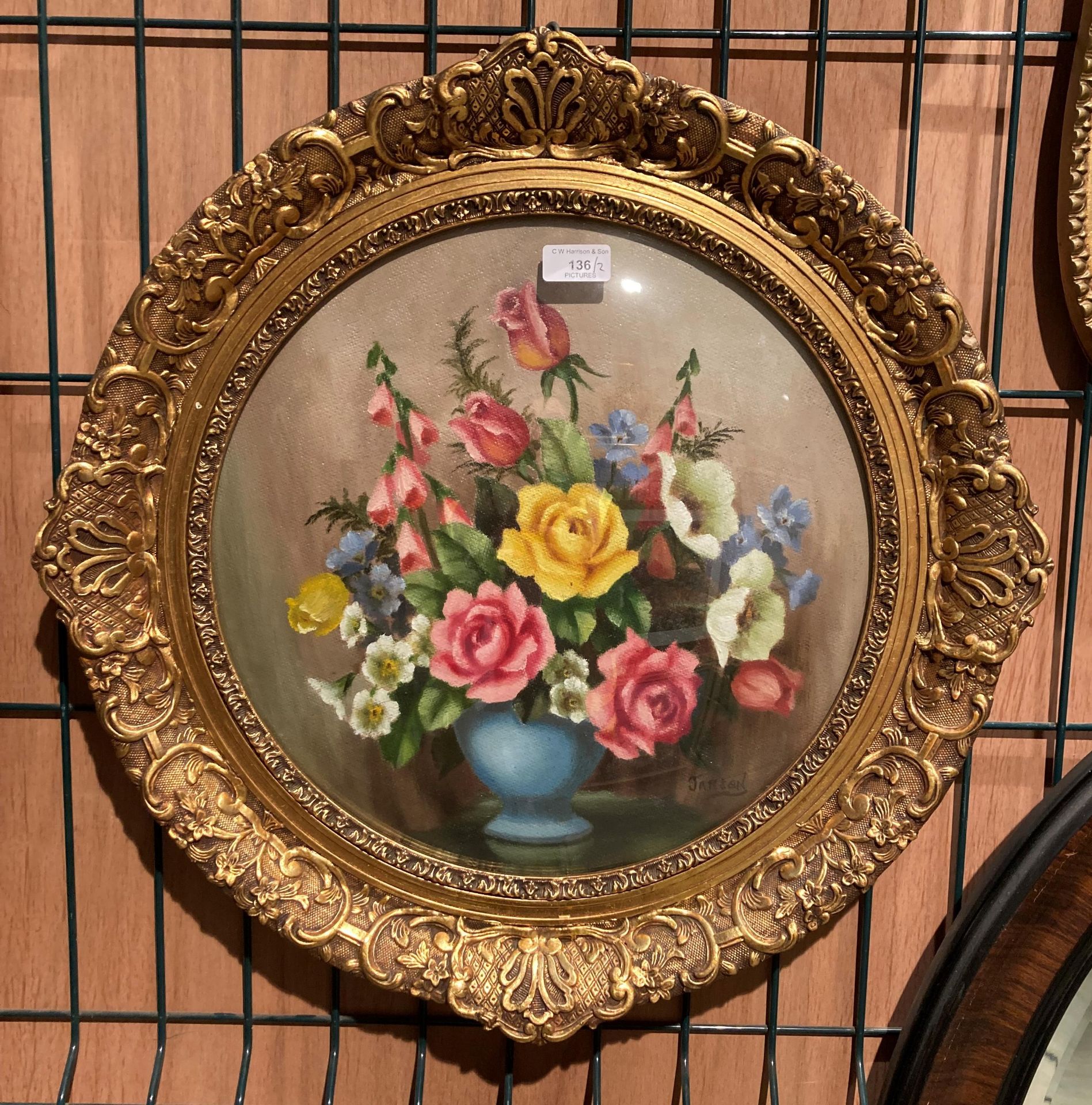Ornate gilt framed circular oil painting by Jansen 'Roserina Bowl' 55cm x 55cm and R. - Image 2 of 5