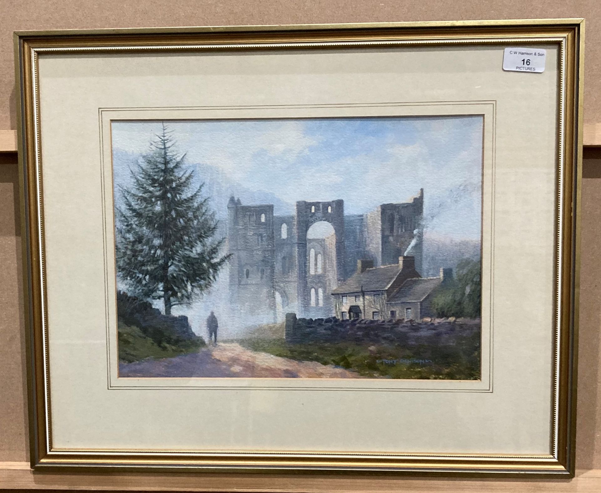 Tony Denison framed watercolour 'Morning - Rievaulx Abbey' 25cm x 36cm, signed to bottom right.