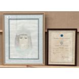 Framed pencil and crayon sketch of an Egyptian lady's head,