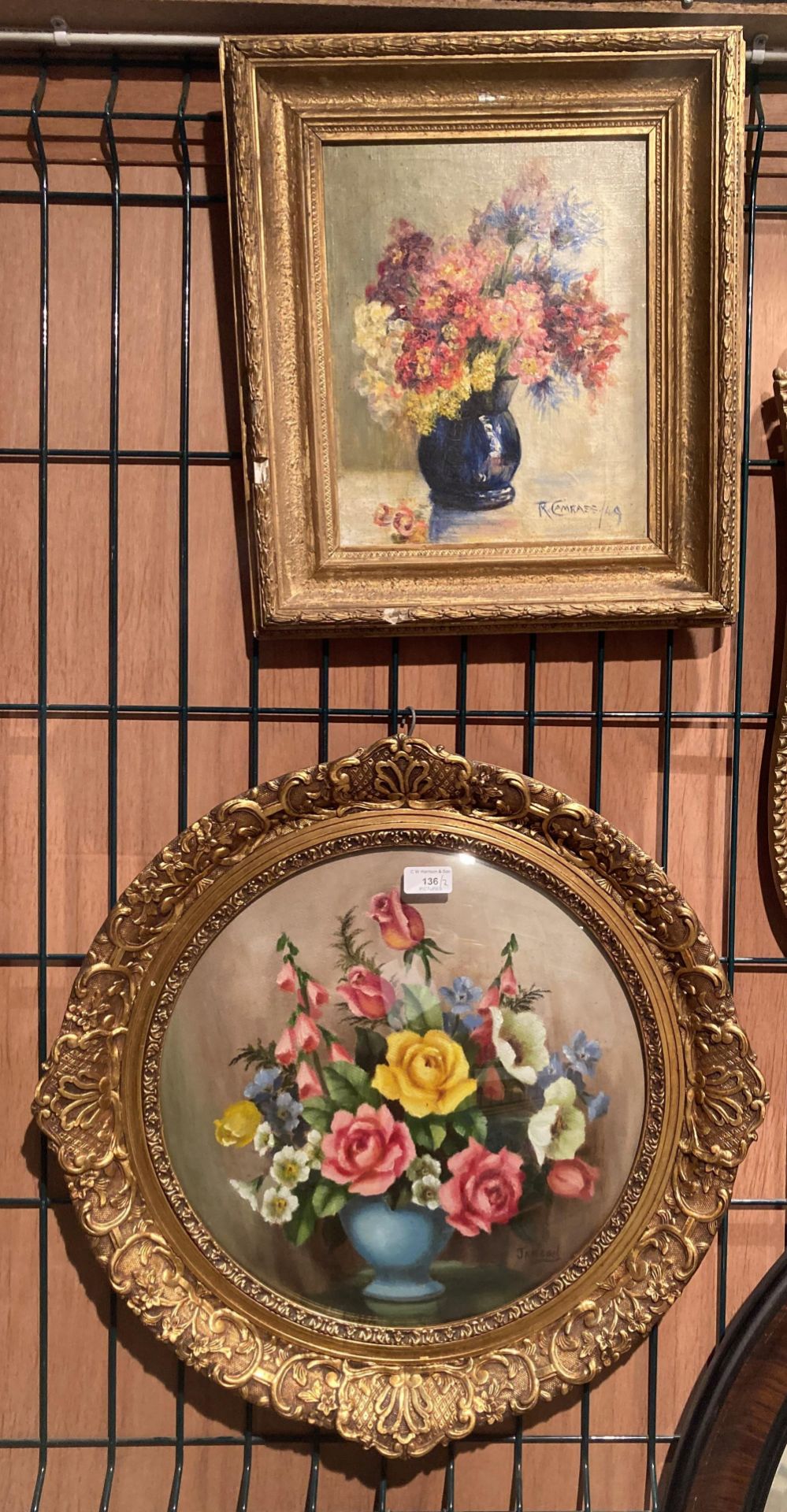 Ornate gilt framed circular oil painting by Jansen 'Roserina Bowl' 55cm x 55cm and R.