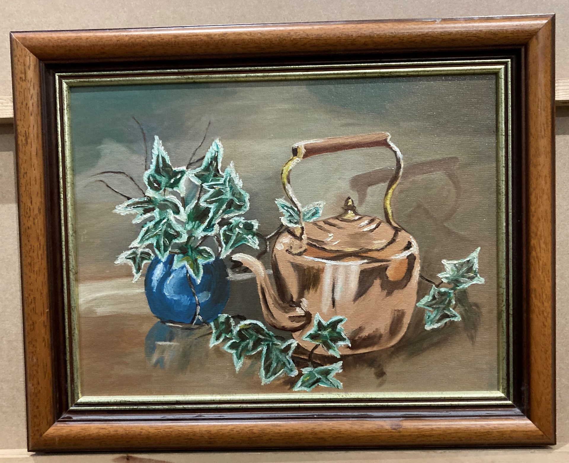 Small framed oil on board 'Copper Kettle and Ivy' 30cm x 40cm, - Image 5 of 5