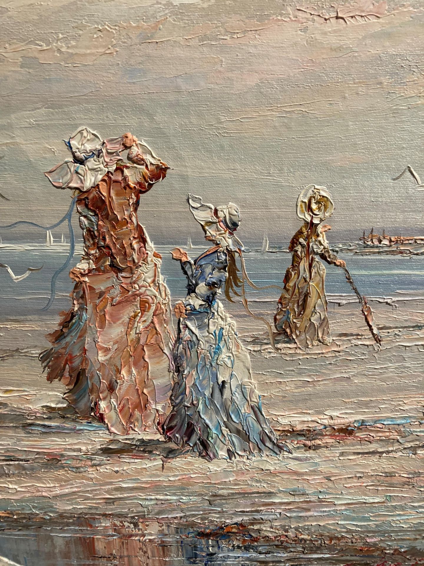 Ornate gilt framed oil painting on canvas 'Ladies at the Seaside' 50cm x 60cm (damage to frame) - Image 3 of 3