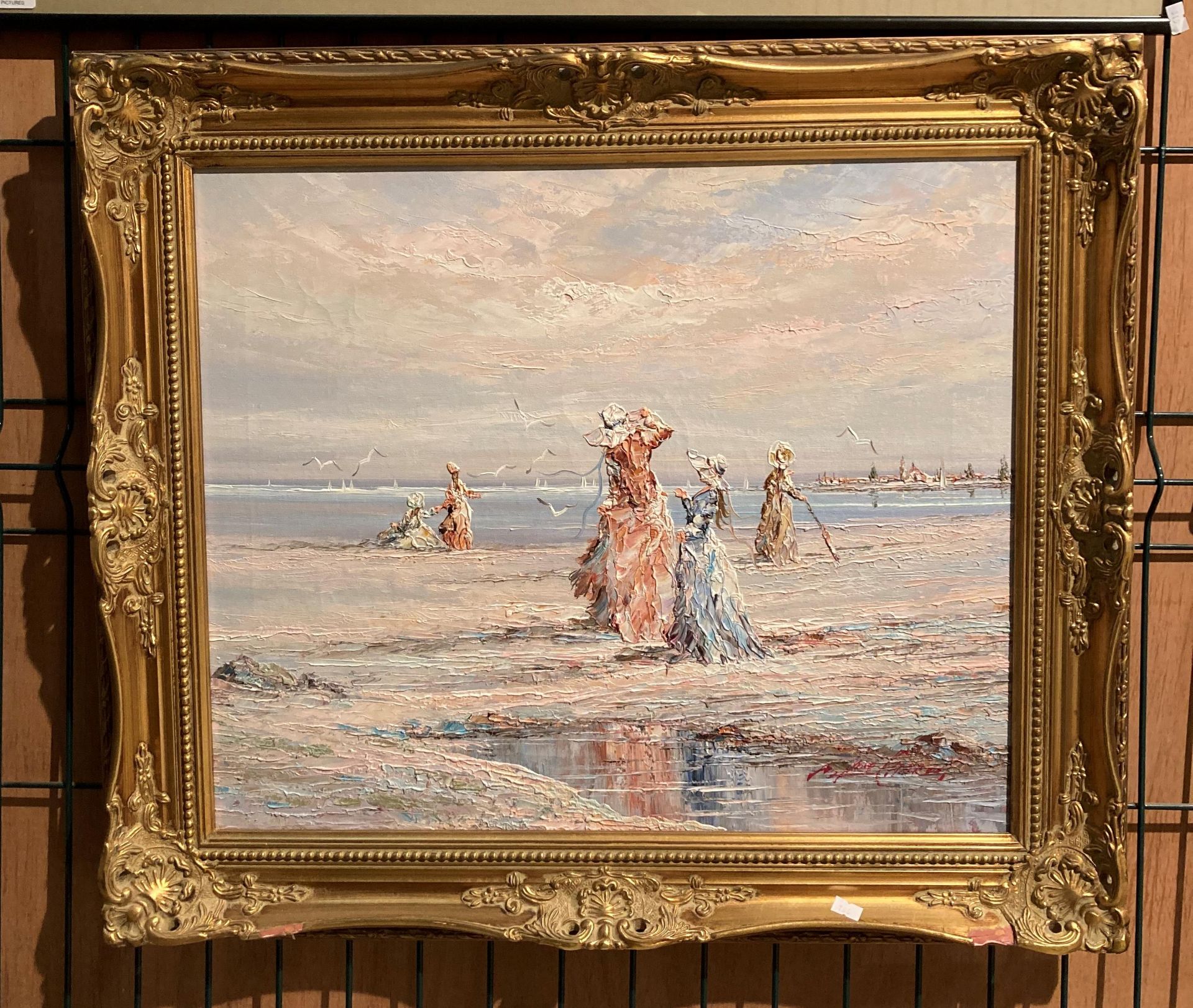 Ornate gilt framed oil painting on canvas 'Ladies at the Seaside' 50cm x 60cm (damage to frame)