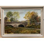 M Bell framed oil on board 'Arncliffe Bridge' 44cm x 67cm