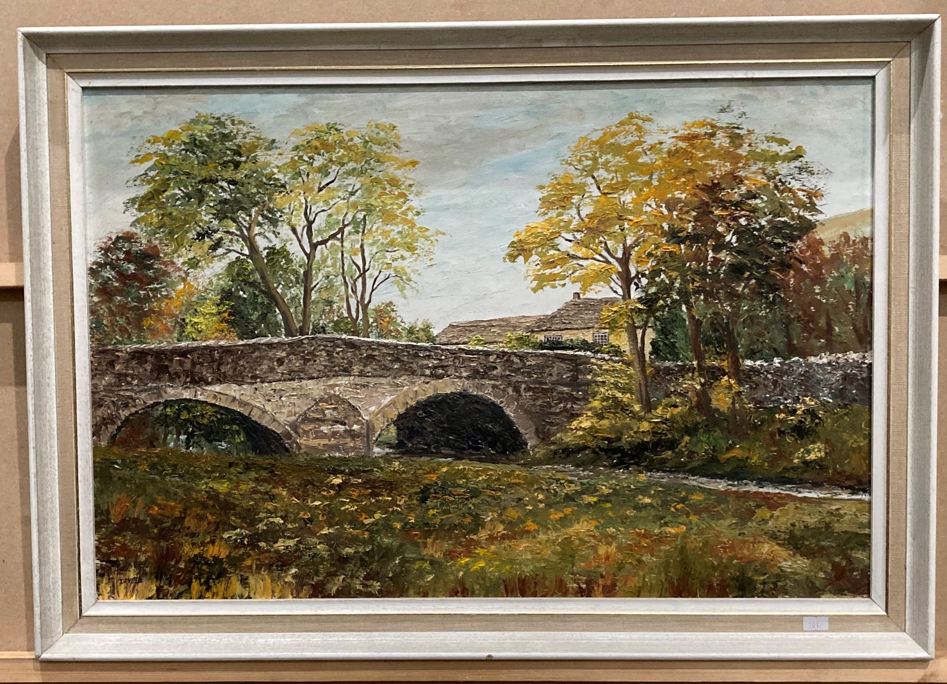 M Bell framed oil on board 'Arncliffe Bridge' 44cm x 67cm