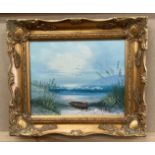 H Gailey, small ornate gilt framed oil on canvas, rowing boat on the sea shore,