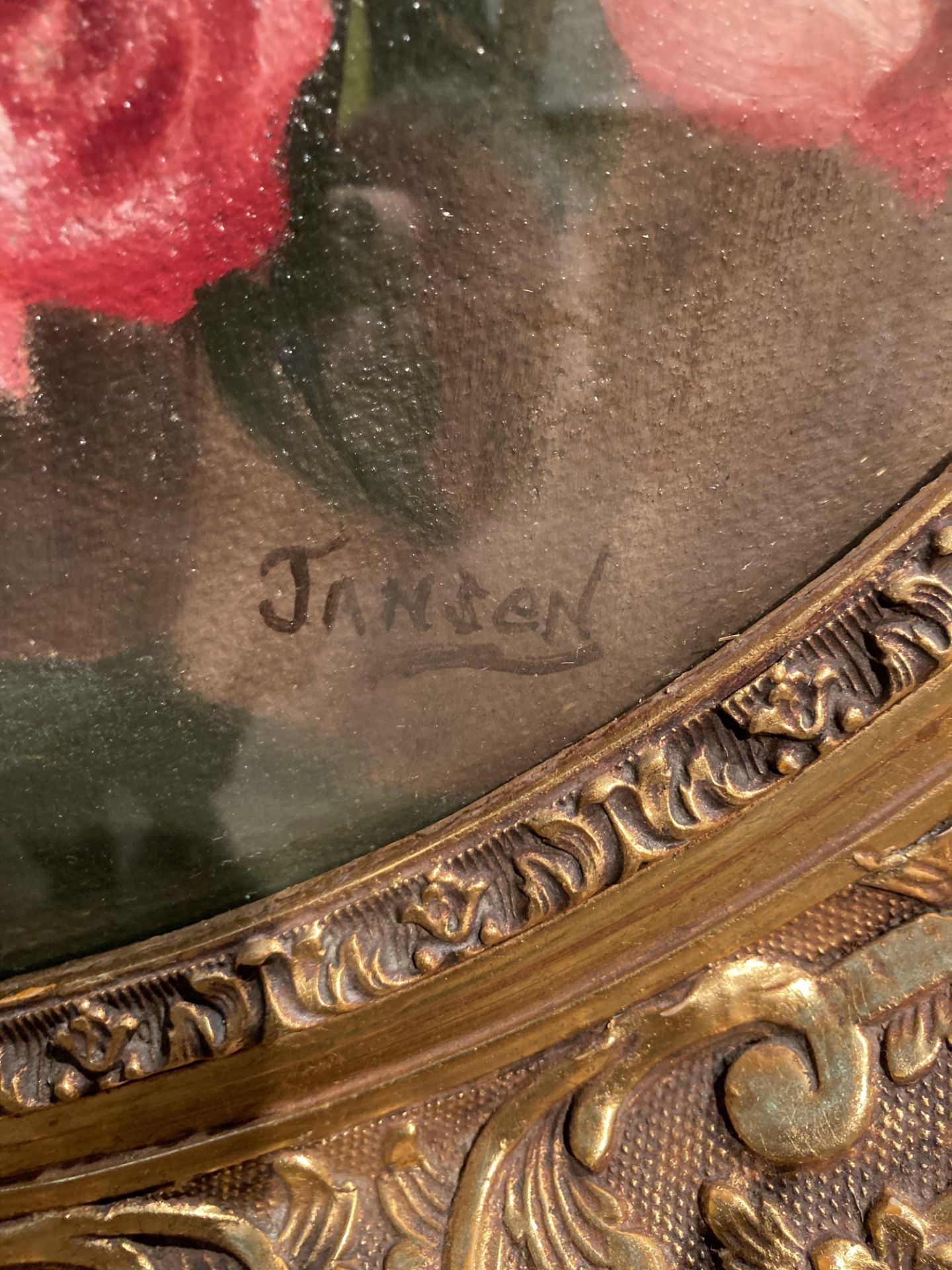 Ornate gilt framed circular oil painting by Jansen 'Roserina Bowl' 55cm x 55cm and R. - Image 3 of 5