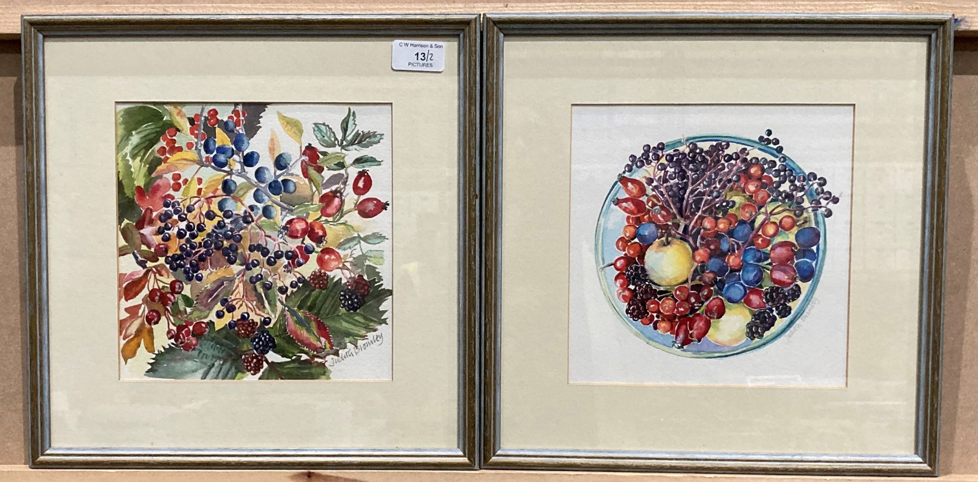 Judith Bromley two small framed watercolours 'Bowl of Wild Fruits' and 'Wild Harvest' - both signed