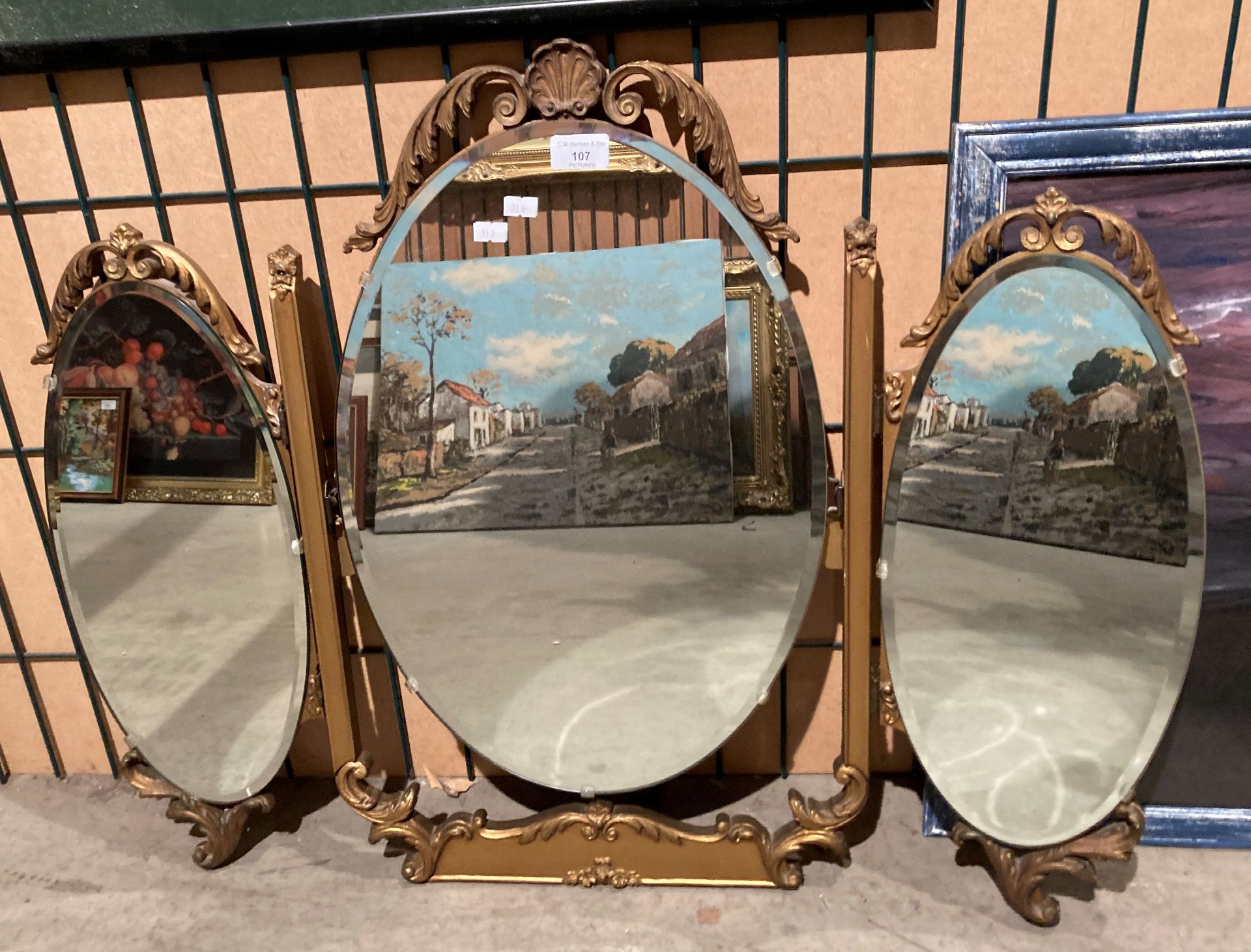 Gilt framed dressing table top triple mirror