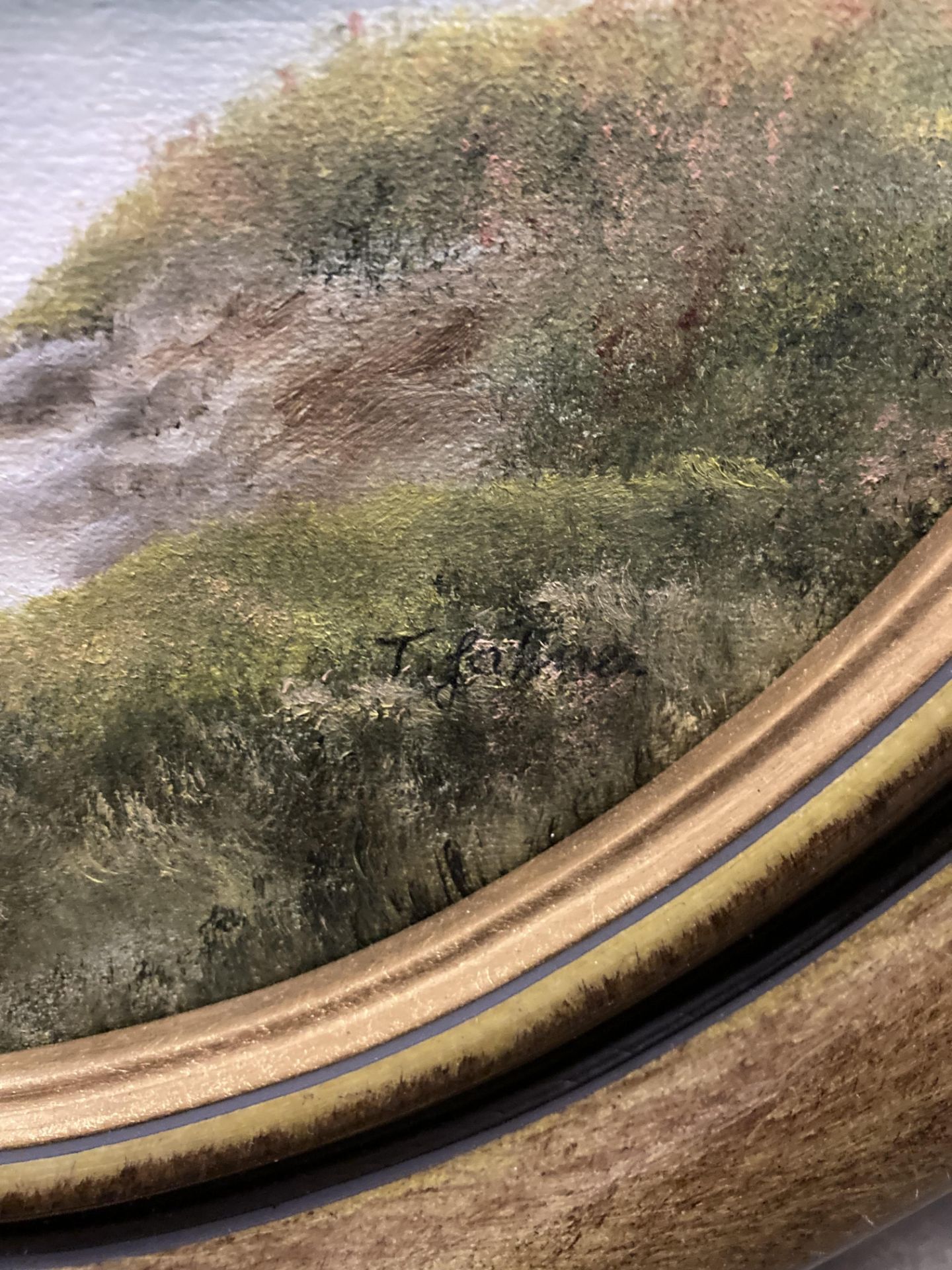 Terry Jahner Rowley oval framed oil on hardboard 'Langstothdale' 38cm x 29cm max, - Image 2 of 2