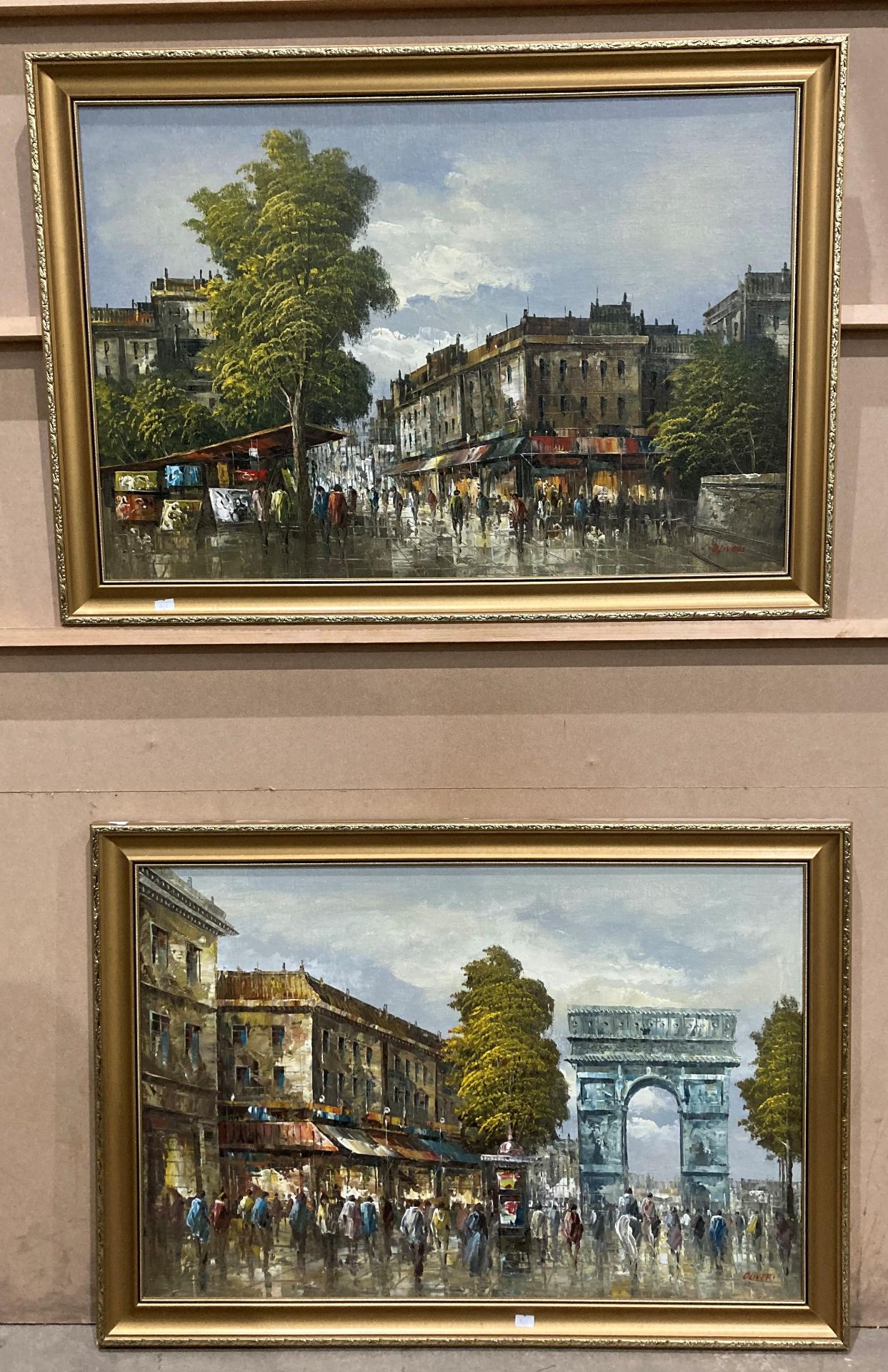 Oliver two gilt framed oils on board Parisian scenes each 50cm x 76cm