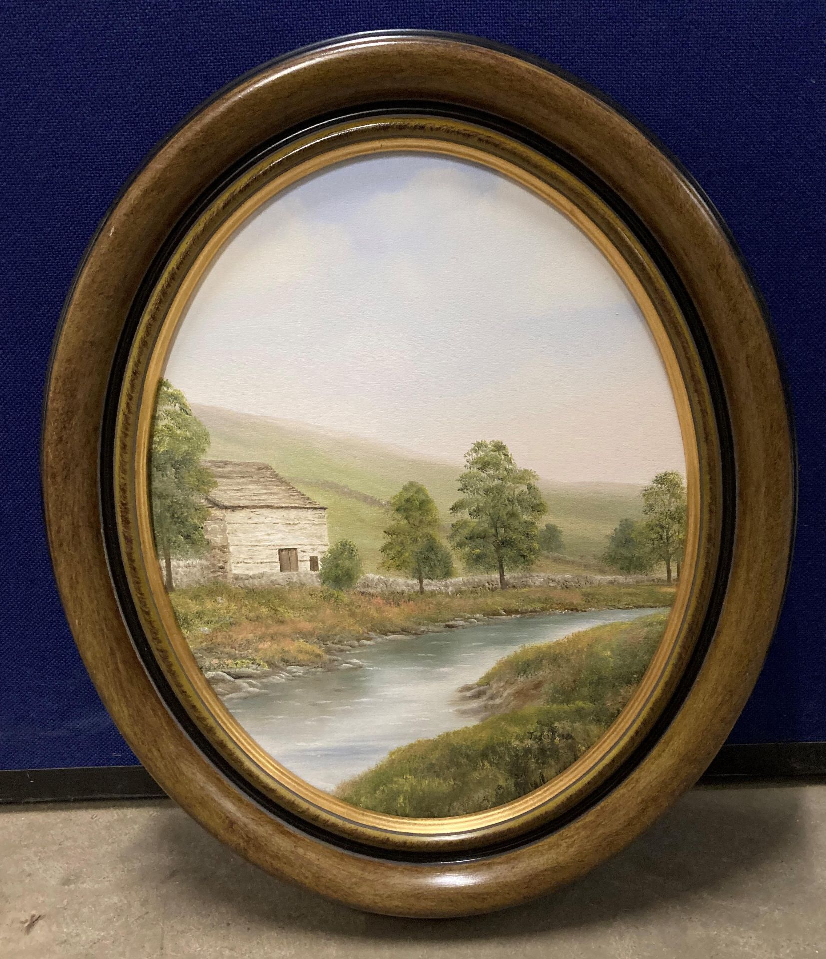 Terry Jahner Rowley oval framed oil on hardboard 'Langstothdale' 38cm x 29cm max,