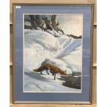 Robert Nicholls framed pastel 'untitled - Fox in Snowy Landscape' 65cm x 48cm,