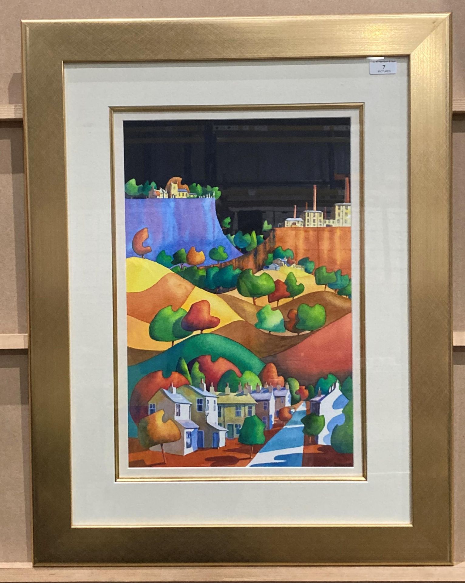 Kelvin Burgoyne framed watercolour 'Contemporary Town and Country Scene' 50cm x 33cm,