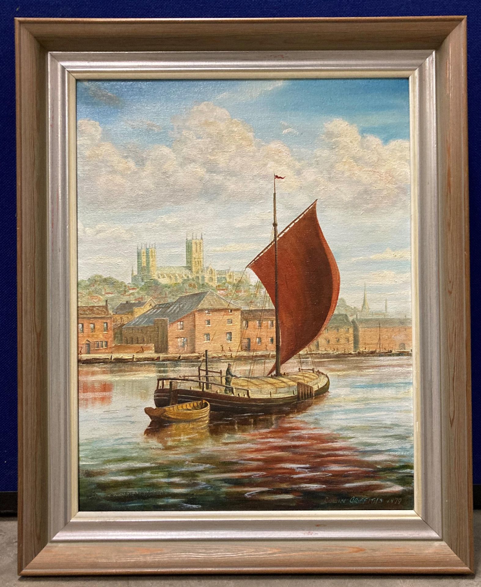 Colin Griffiths (January 1979) framed oil on canvas 'Humber keel entering Brayford Pool, Lincoln,