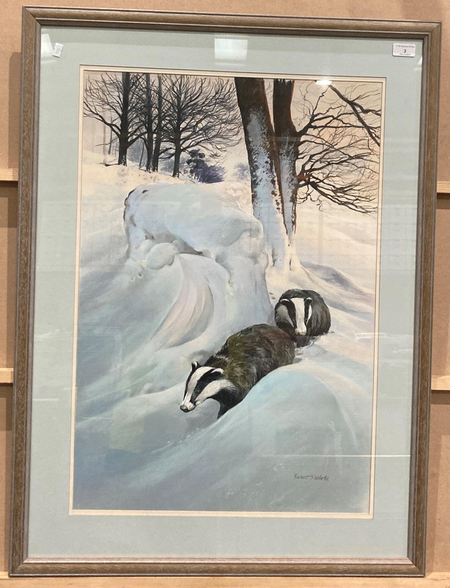 Robert Nicholls framed pastel 'untitled - Badgers in Snowy Landscape' 74cm x 52cm,