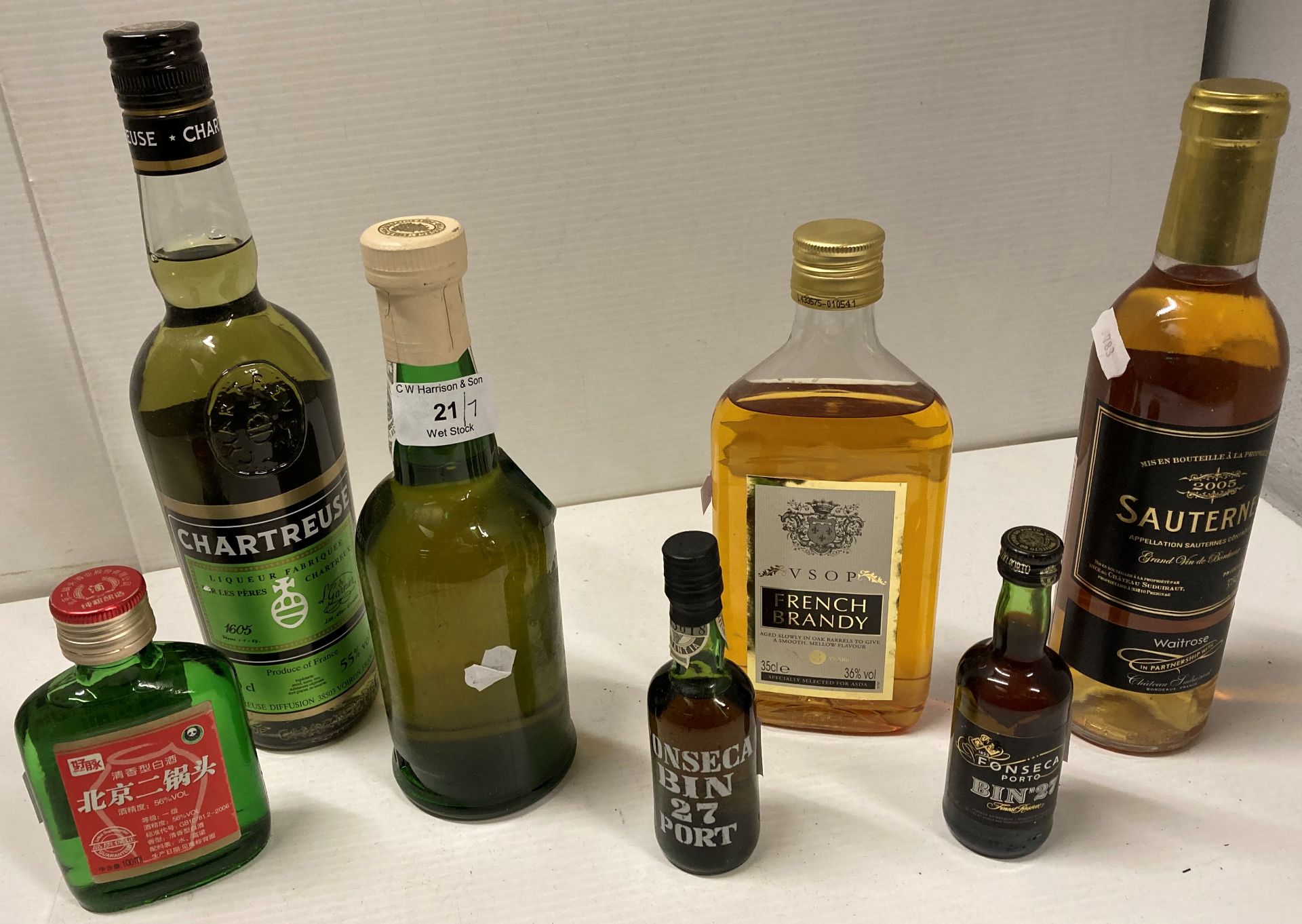 7 x items - 2 x miniature bottles of Port, a 50cl bottle of Chartreuse, a 37.