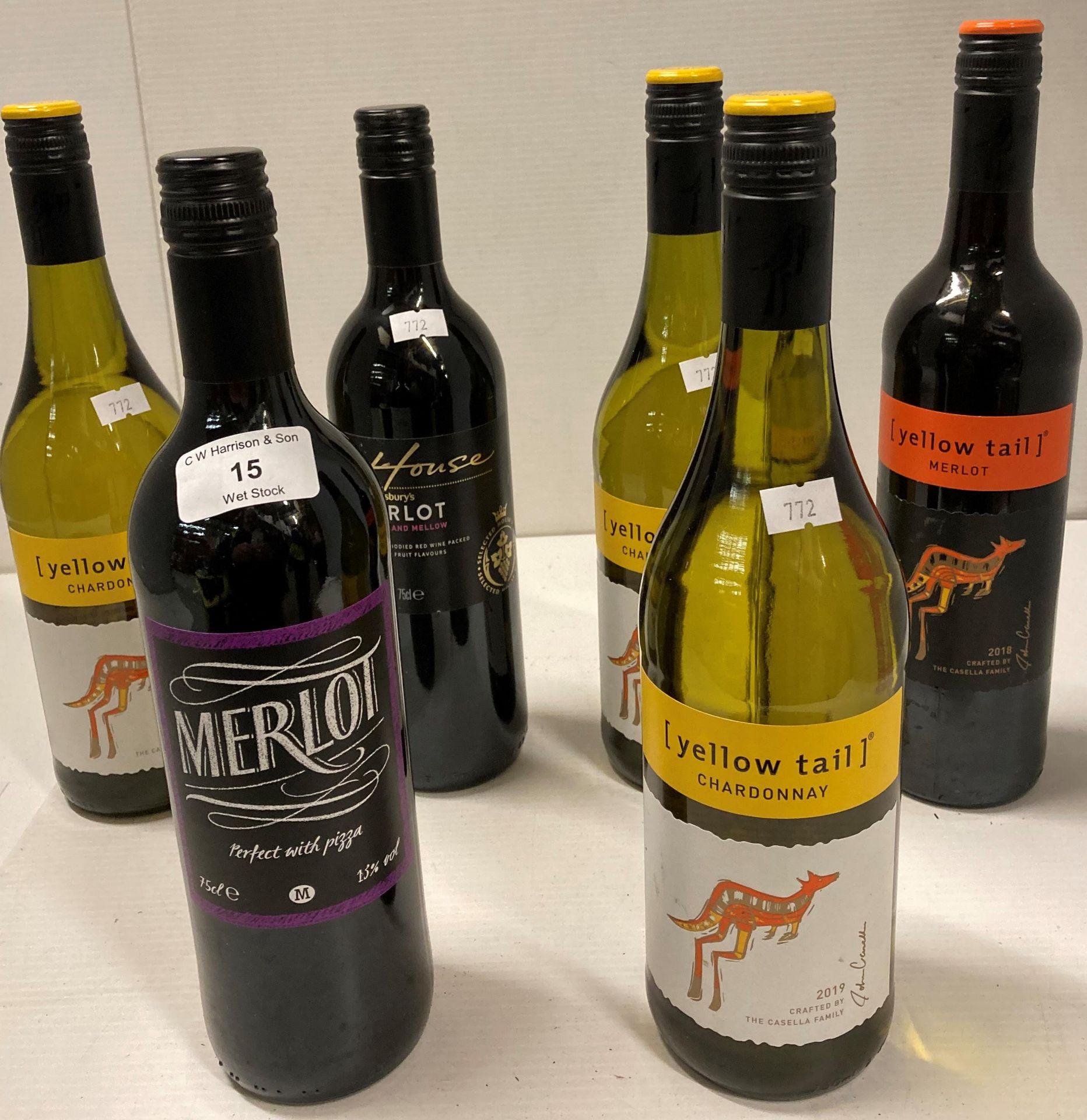 6 x assorted bottles of white and red wine - 3 x Yellow Tail Chardonnay, Yellow Tail Merlot,
