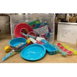 Box and contents - assorted plastic baking trays, moulds, whisks,