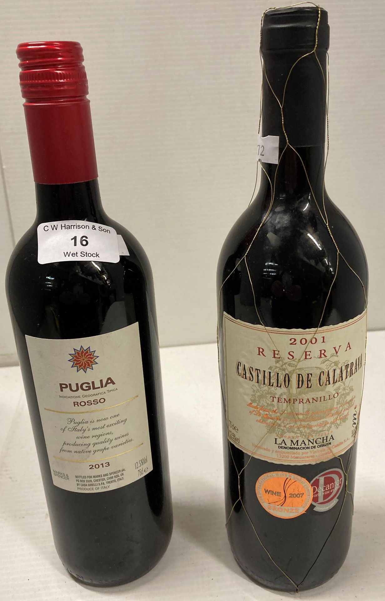 1 x 75cl bottle of Puglia Rosso and 1 x bottle of 75cl Castillo De Calatrava 2001 Resvera