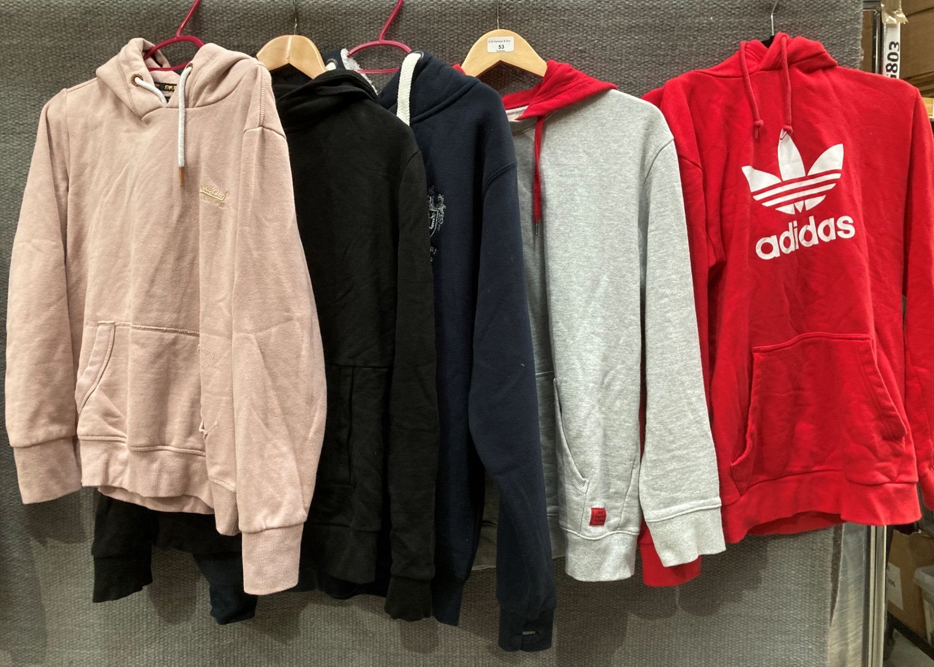 Five assorted hoodies branded Adidas, Superdry,
