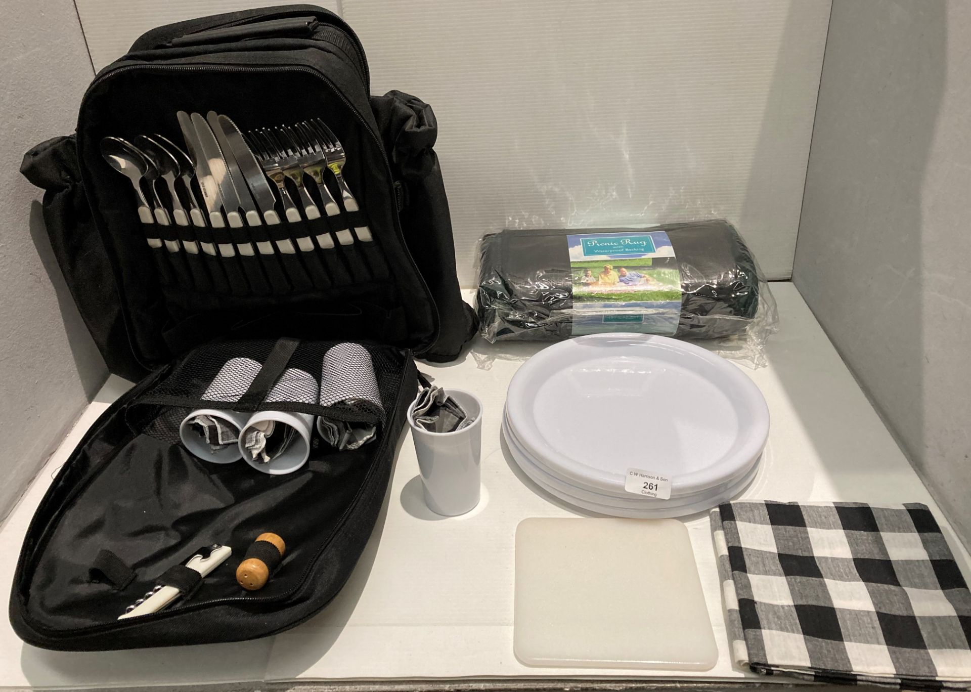 Picnic haversack and contents - cutlery, plastic crockery and cups,