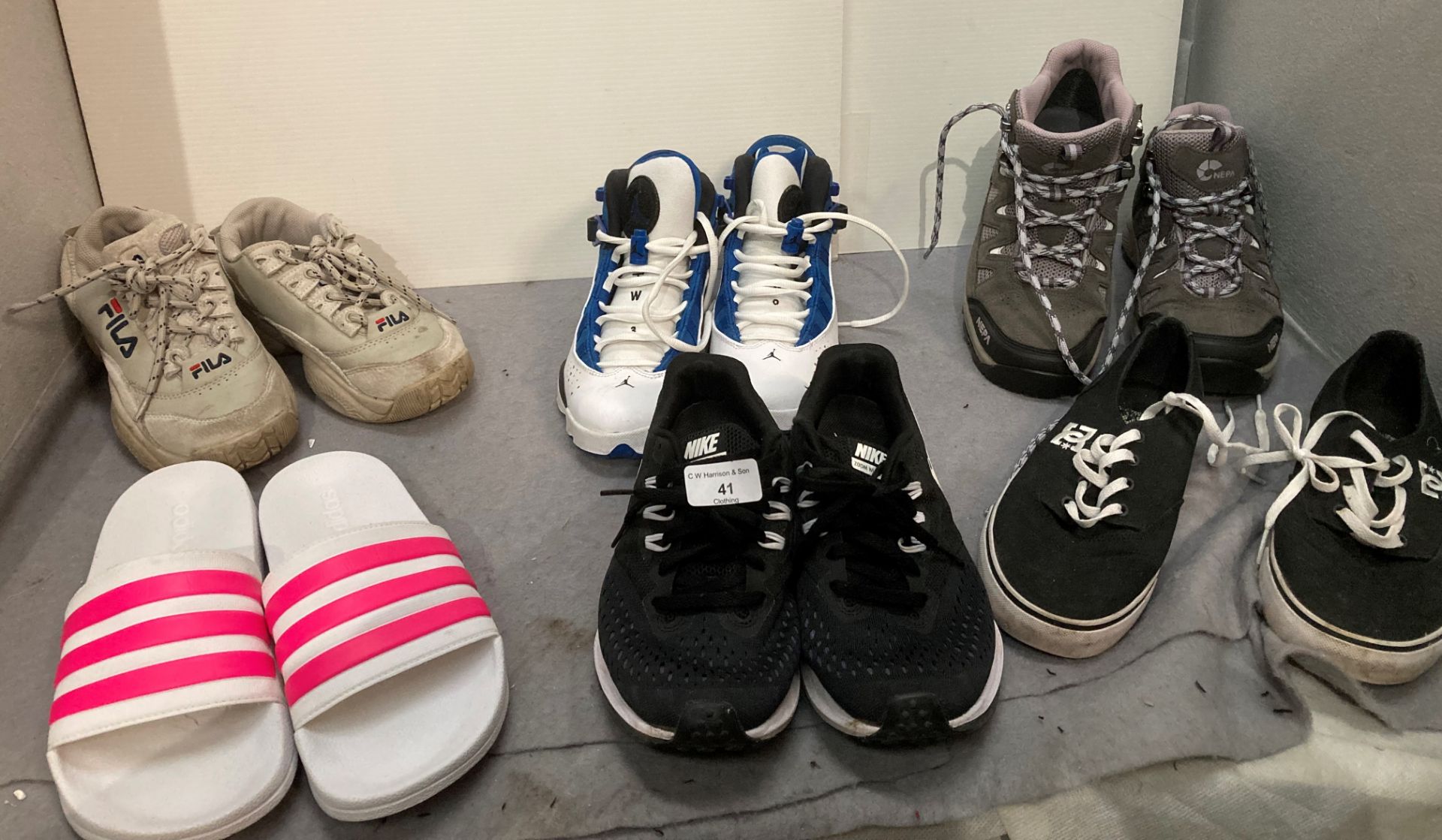 Six items assorted worn trainers, walking boots, flip flops by Fila, Nike,