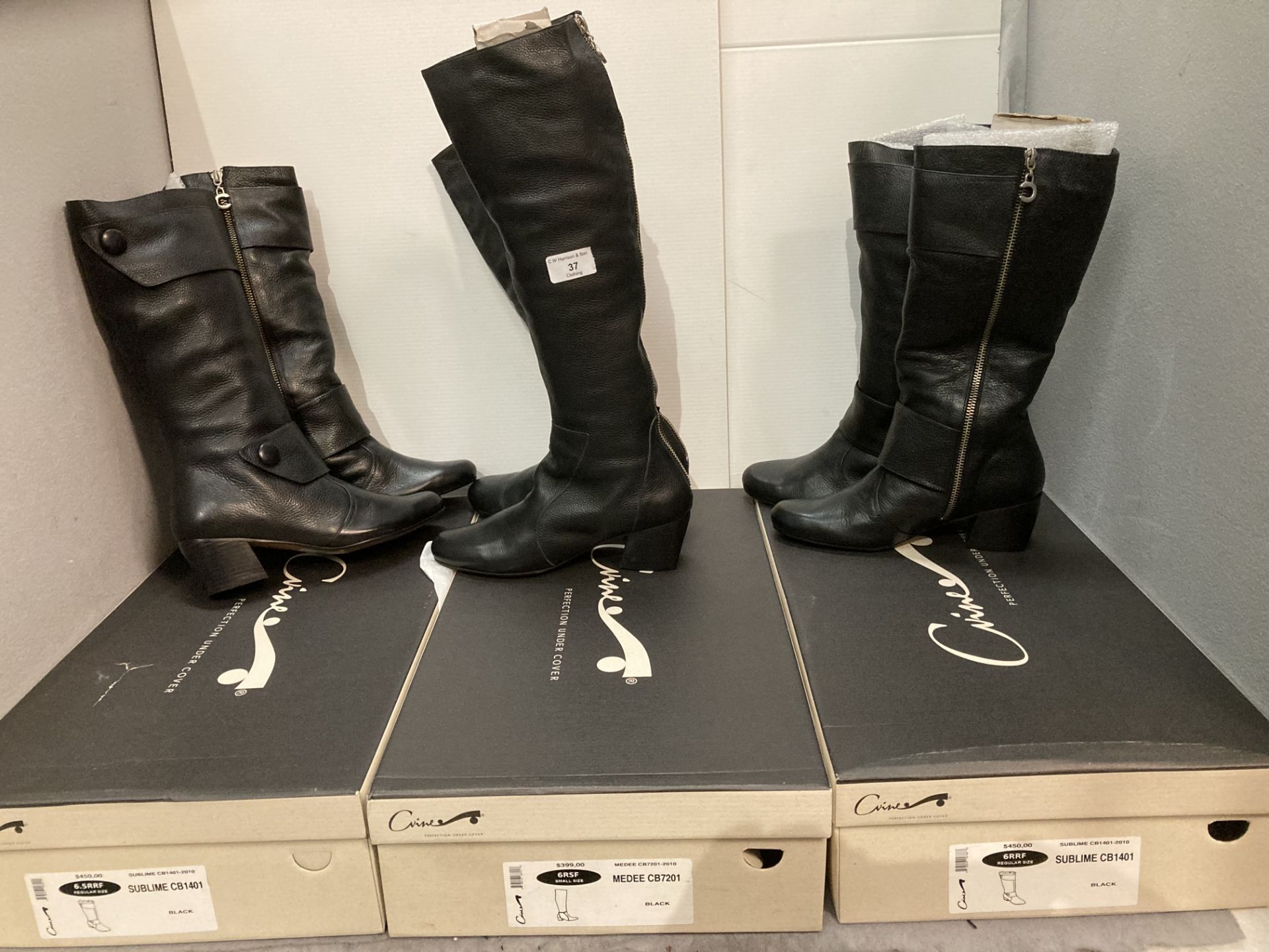 Three pairs of black Cvine boxed ladies leather zip boots,