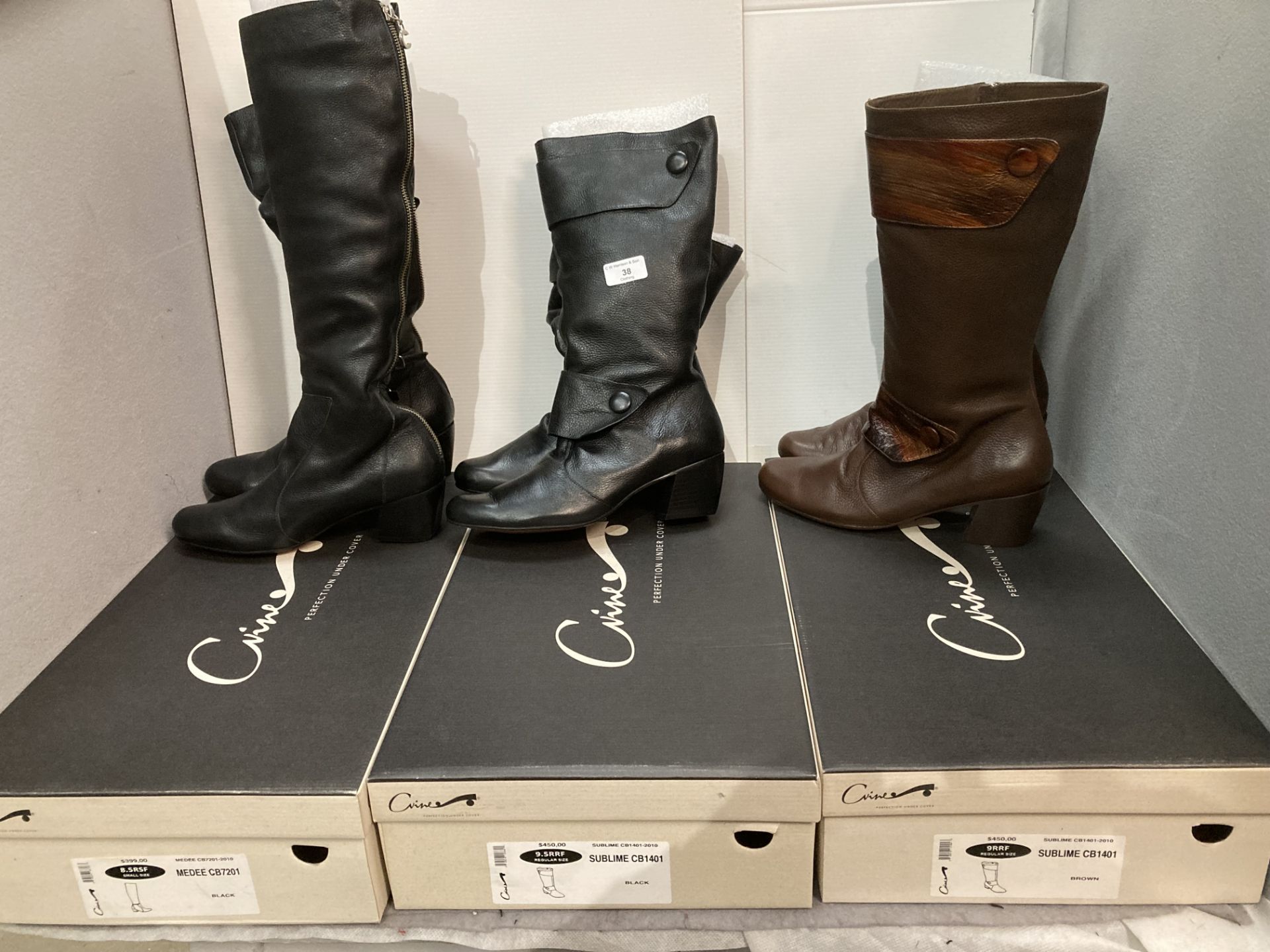 Three pairs of Cvine boxed ladies leather zip boots,