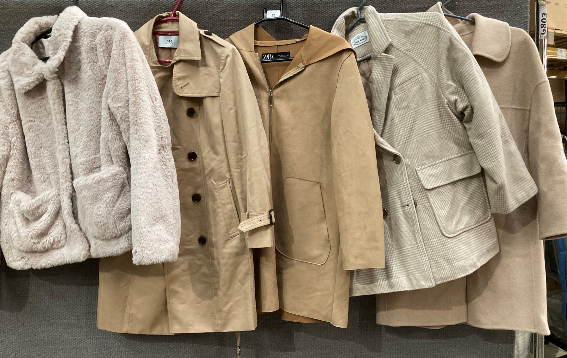 Five assorted ladies coats, wool, raincoat by Zara, M&M,