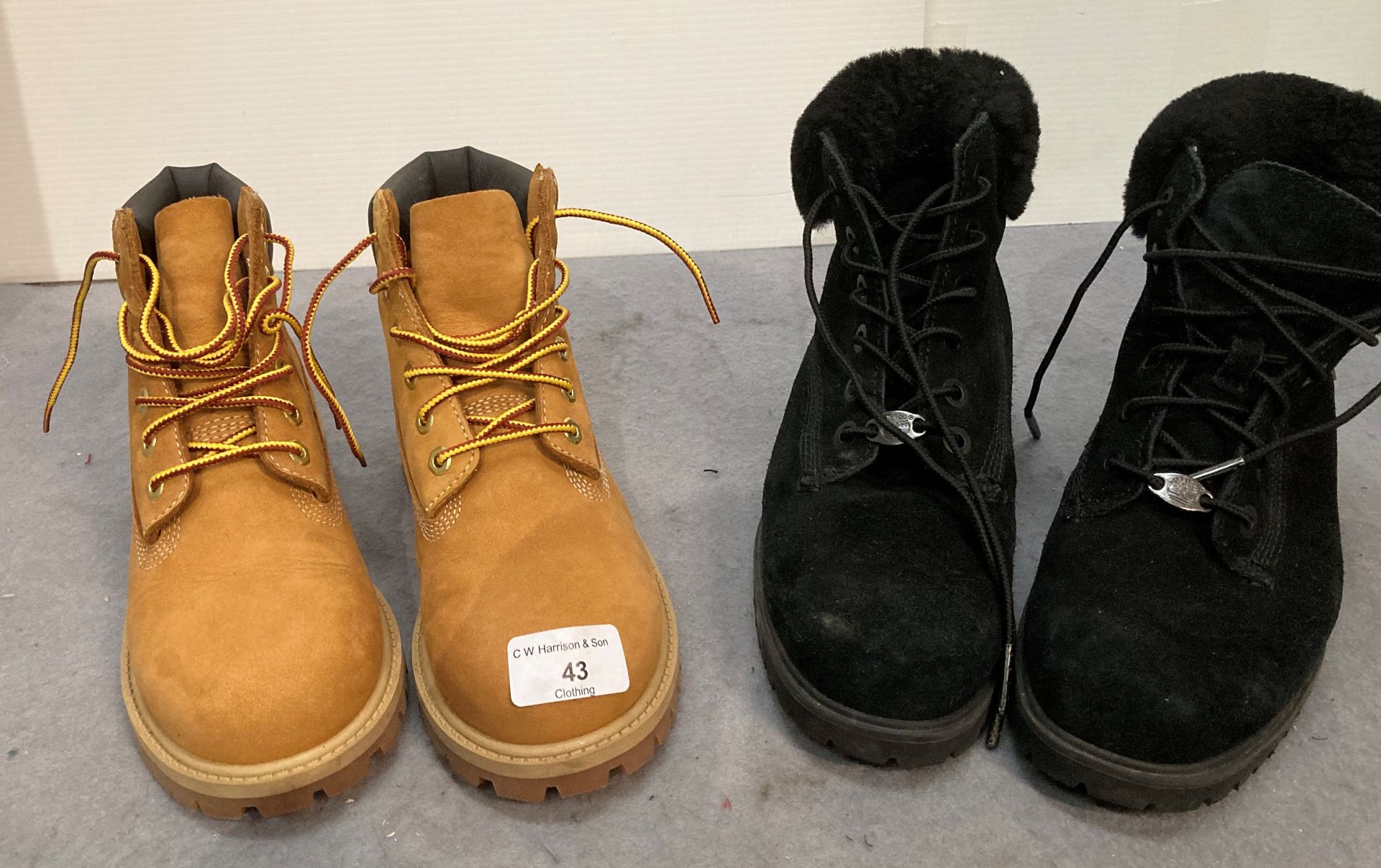 Two pairs of ladies worn Timberland suede boots sizes 1.