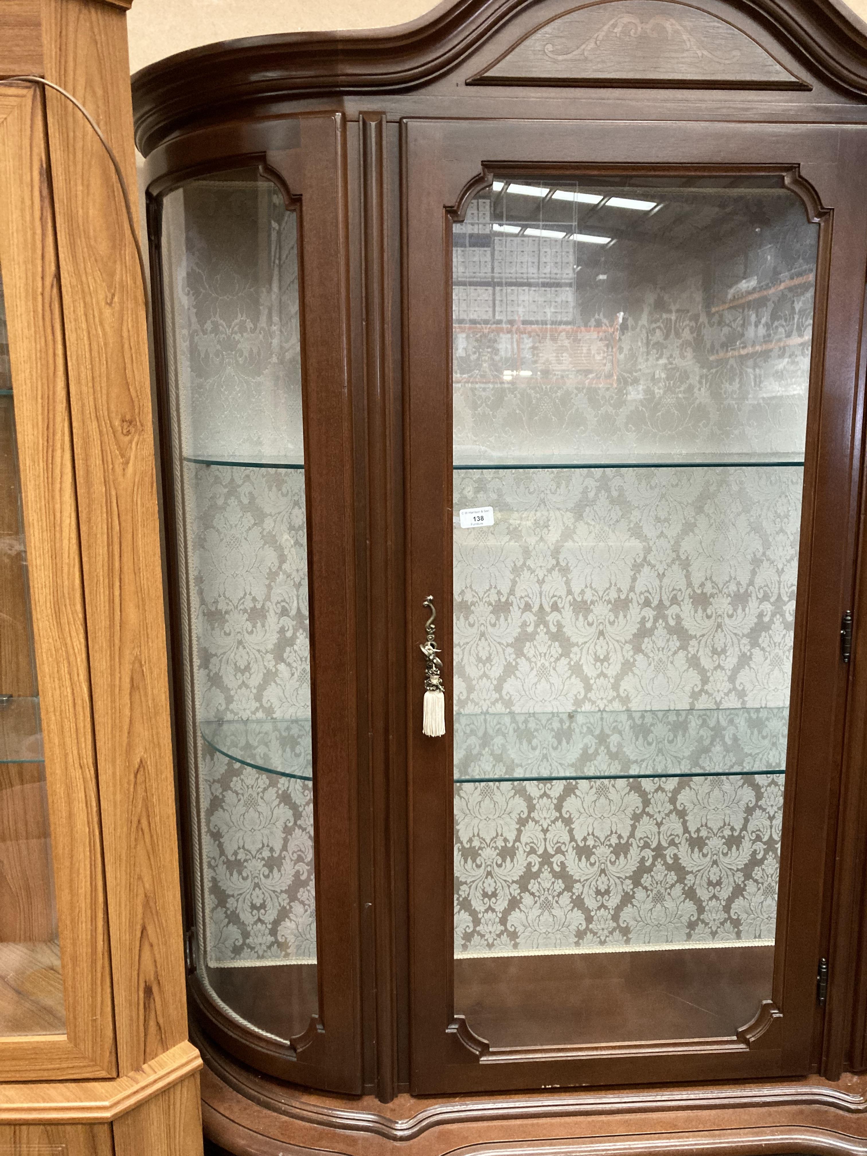 A mahogany bow front display cabinet with single door and two glazed shelves over three drawer two - Image 3 of 3