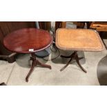 A small reproduction mahogany oval side table and a mahogany side table with light brown tooled