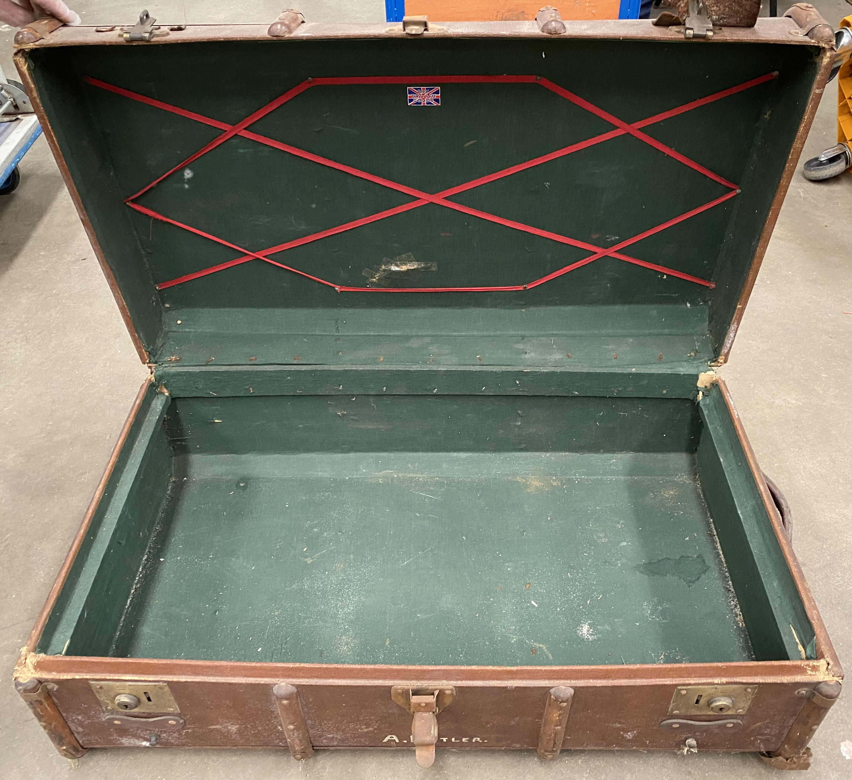 A wood framed brown fibre upholstered trunk initialled A Butler, - Image 2 of 2