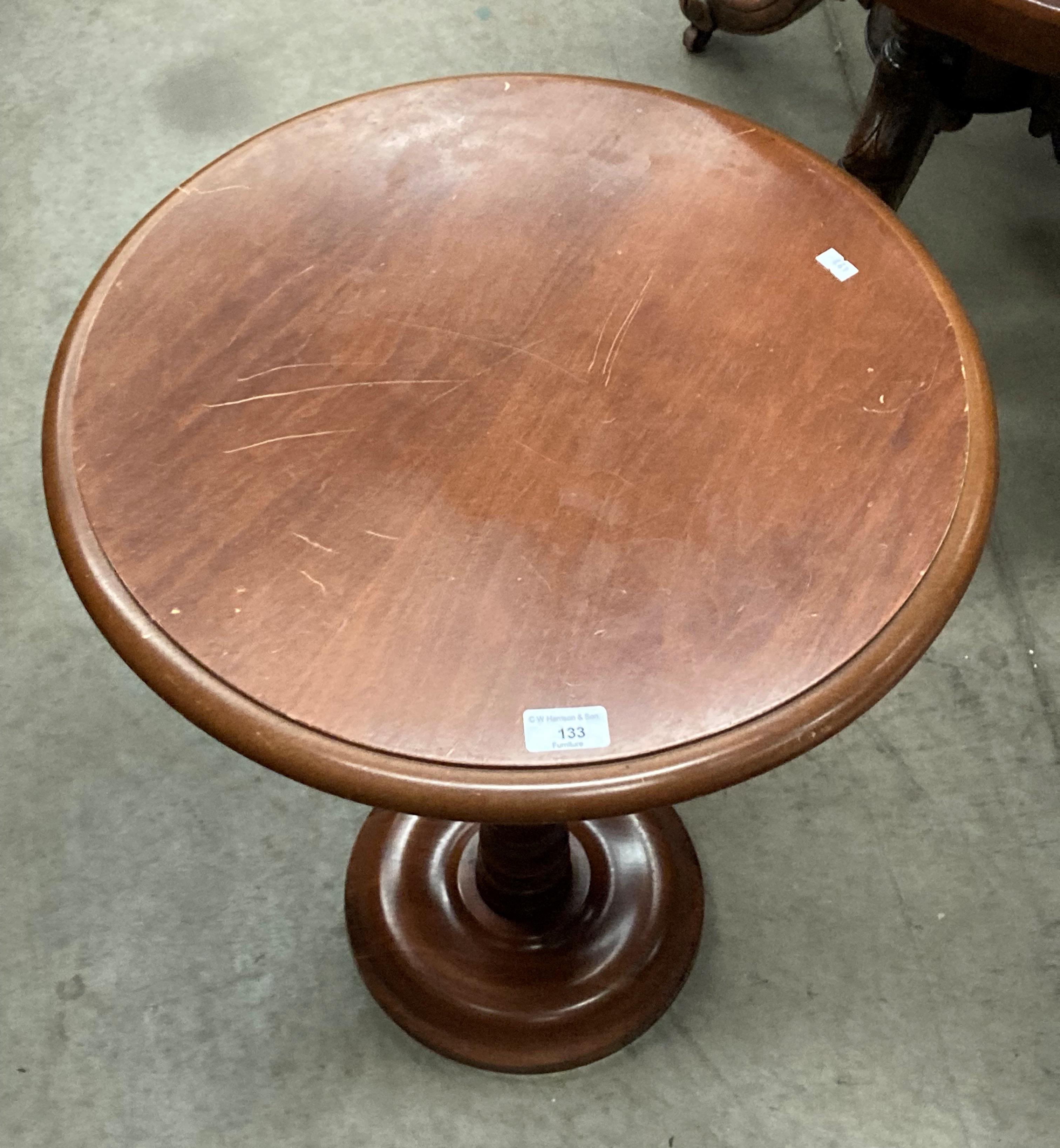 A mahogany circular side table on centre column support 50cm diameter - scratched to top - Image 2 of 3