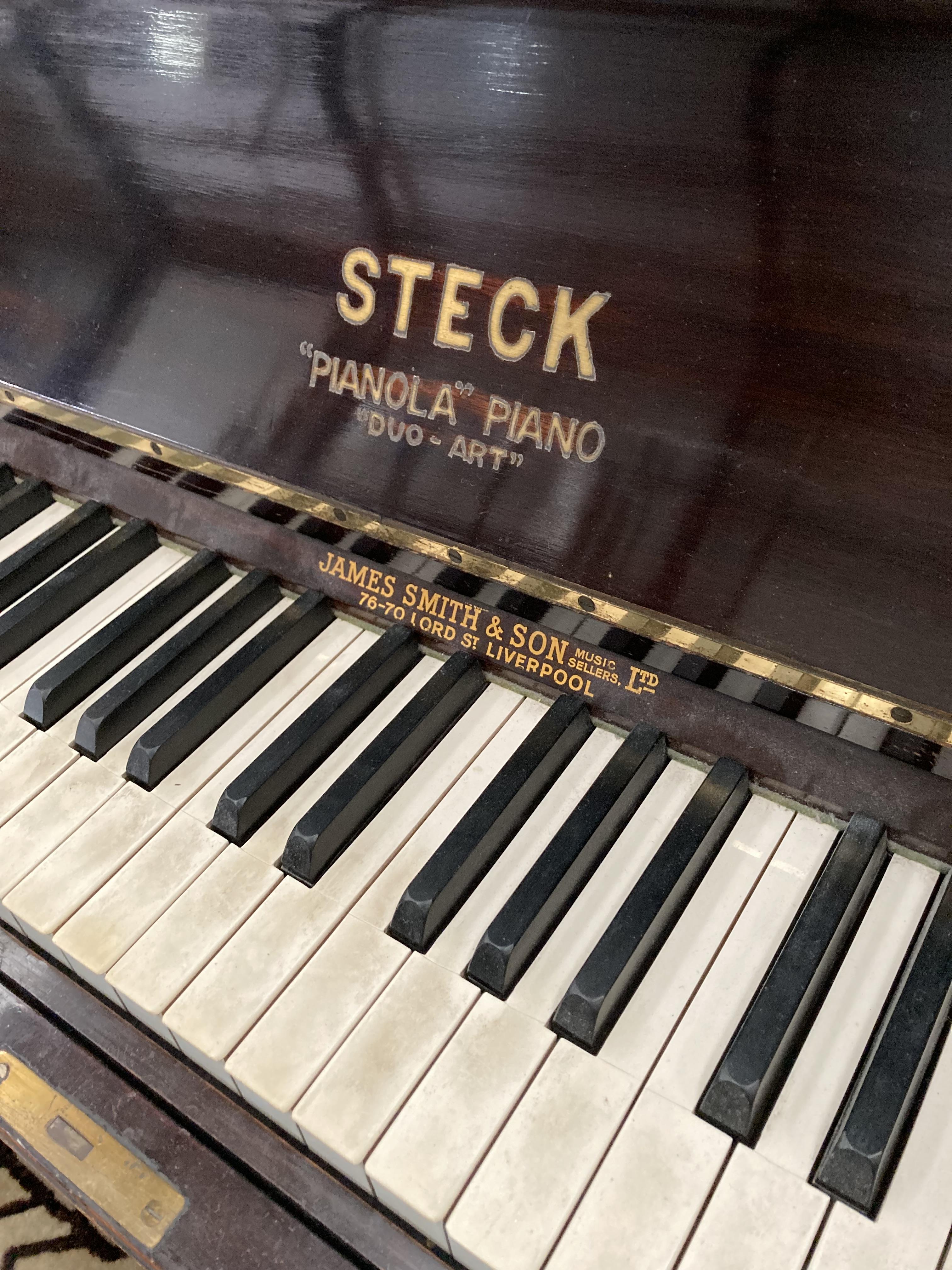 A Steck mahogany cased iron framed 'Pianola Duo-Art' piano 140cm retailed by James Smith and Son, - Image 3 of 26